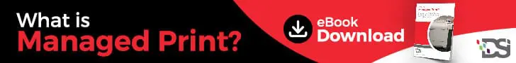 Banner with text 'What is Managed Print?' and 'eBook Download' featuring an image of an eBook and DSI logo.