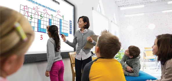 Teach and students using classroom digital whiteboard